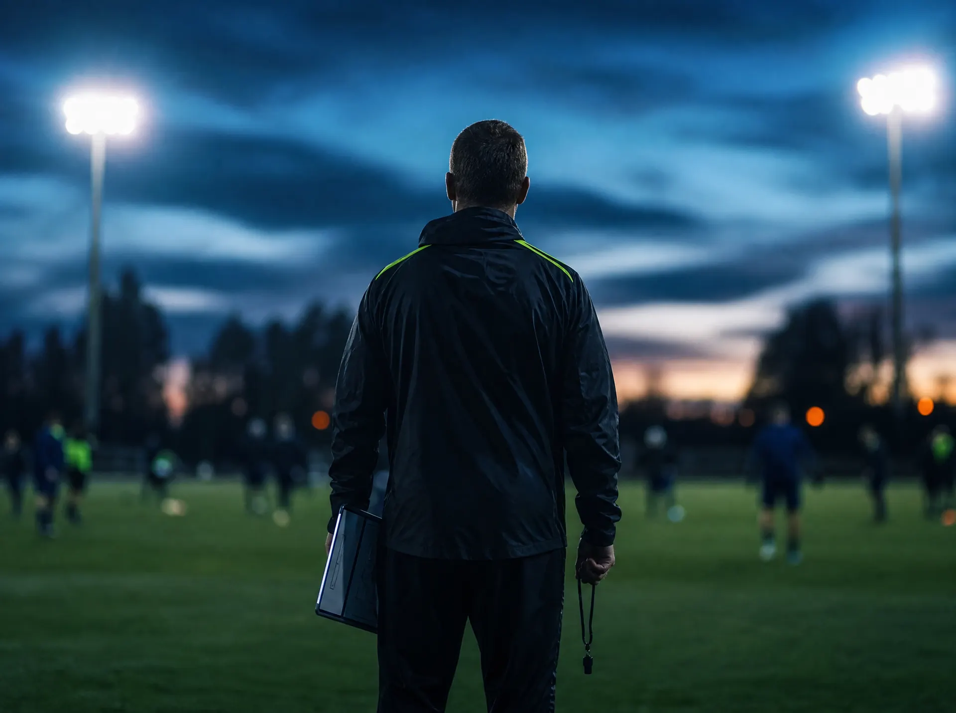 A coach with a clipboard watching practice from the sideline at dusk