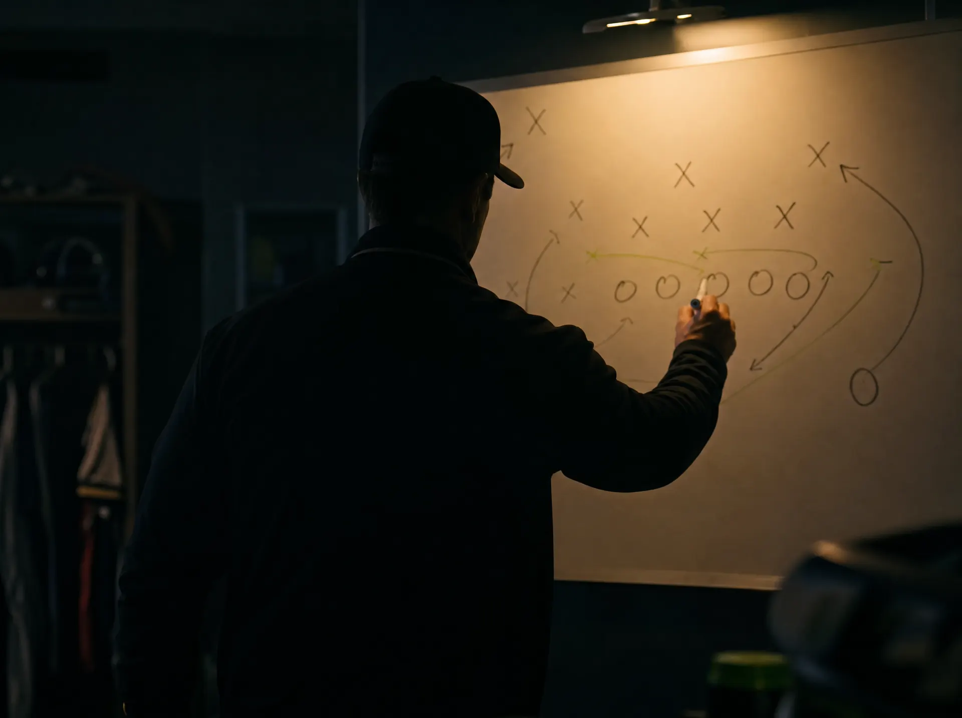 A coach diagramming a play on a whiteboard in a dim locker room