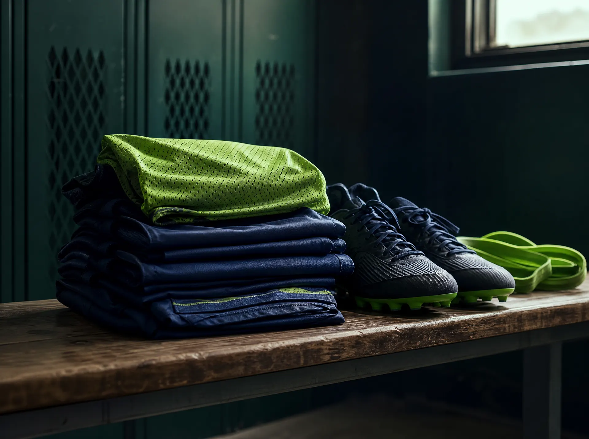 A stack of new practice jerseys and cleats on a locker room bench