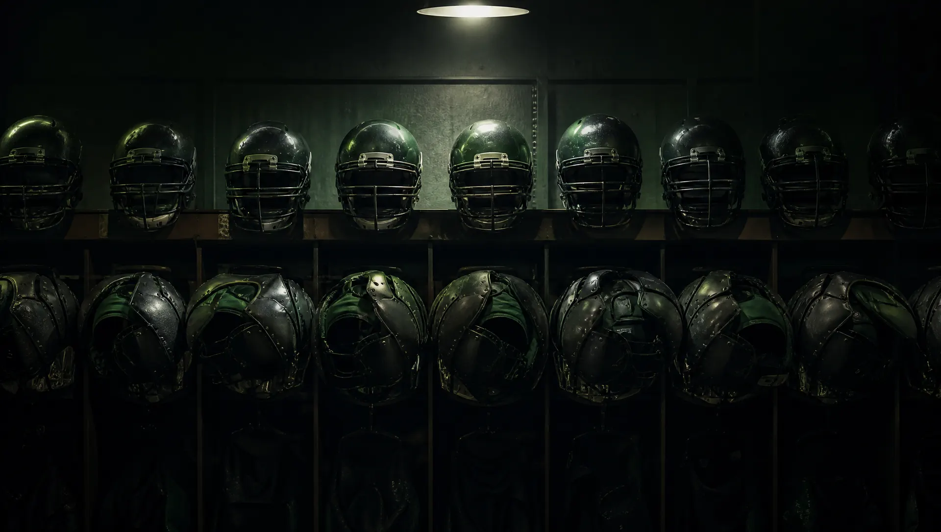 A wall rack of football helmets and shoulder pads in a dim equipment room