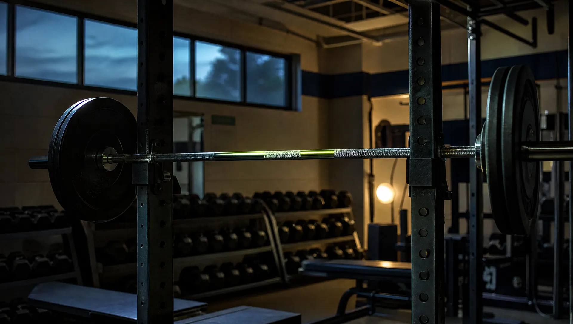 An empty high school weight room at dusk with a loaded barbell in the foreground